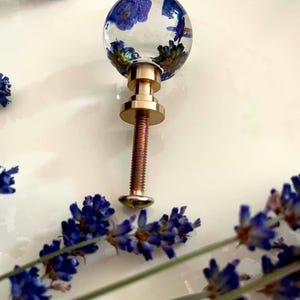 May include: A spherical cabinet knob made of clear resin containing embedded blue flowers. The knob features a metallic gold-toned base and a long threaded metal bolt extending from the bottom, surrounded by sprigs of dried purple lavender.