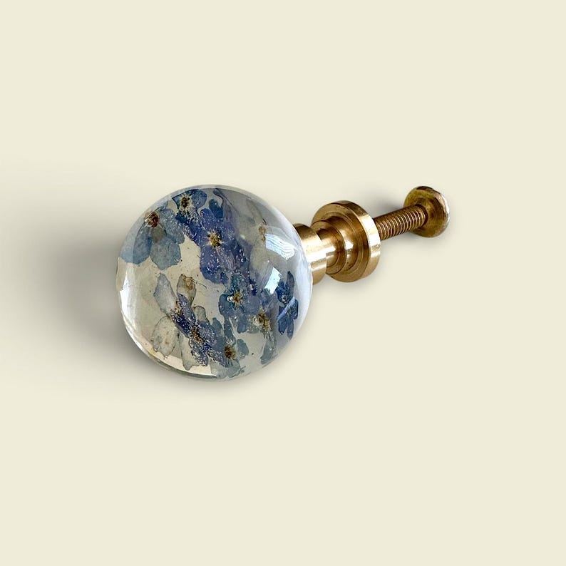 K&ouml;nnte beinhalten: Ein runder M&ouml;belknopf mit einem klaren, kugelf&ouml;rmigen Harzkopf, in den kleine, gepresste blaue Blumen eingebettet sind. Der Knopf ist an einem metallischen, goldfarbenen zylindrischen Sockel und einer Gewindeschraube befestigt.