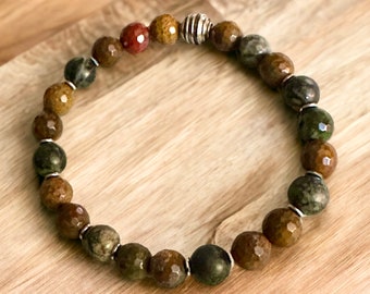 Ocean Jasper Grade AAA Natural Gemstone beaded bracelet w/Hill tribe silver spiral bead
