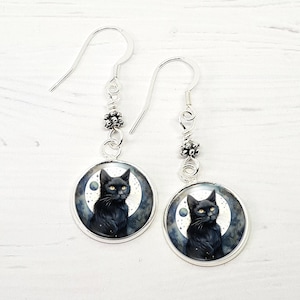 Black Cat Earrings, Sterling Silver Dangle Earrings, Cat Lover Gift