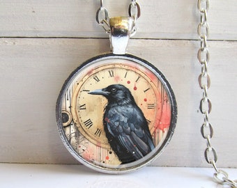 Collier Corbeau, Pendentif Steampunk Corbeau Noir, Cadeau Amoureux des Oiseaux