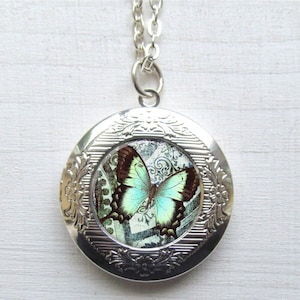 Photo Locket, Butterfly Necklace, Silver Butterfly Locket