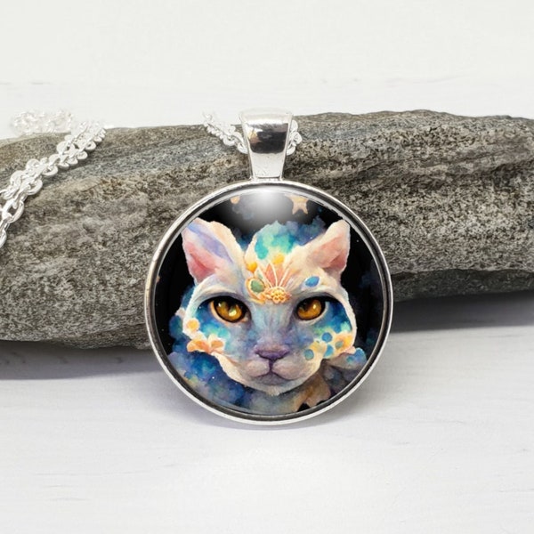 Cat Pendant Necklace, Celestial Cat Art Pendant, Cat Lover Gift