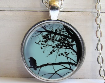 Raven In Tree Art Pendant, Photo Pendant, Raven Necklace