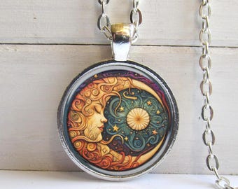 Crescent Moon And Stars Necklace, Celestial Pendant