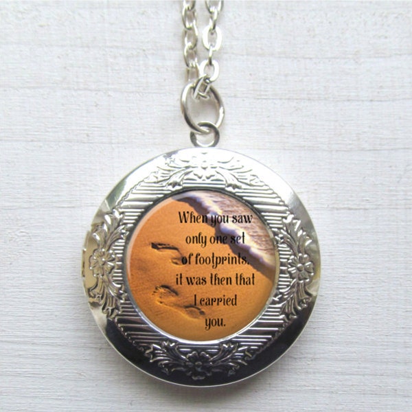 Footprints In The Sand Necklace, Photo Locket, Quote Jewelry, Inspirational Locket