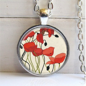 Red Poppies Pendant, Poppies Necklace, Art Pendant, Red Poppy Jewelry