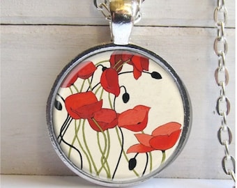 Red Poppies Pendant, Poppies Necklace, Art Pendant, Red Poppy Jewelry