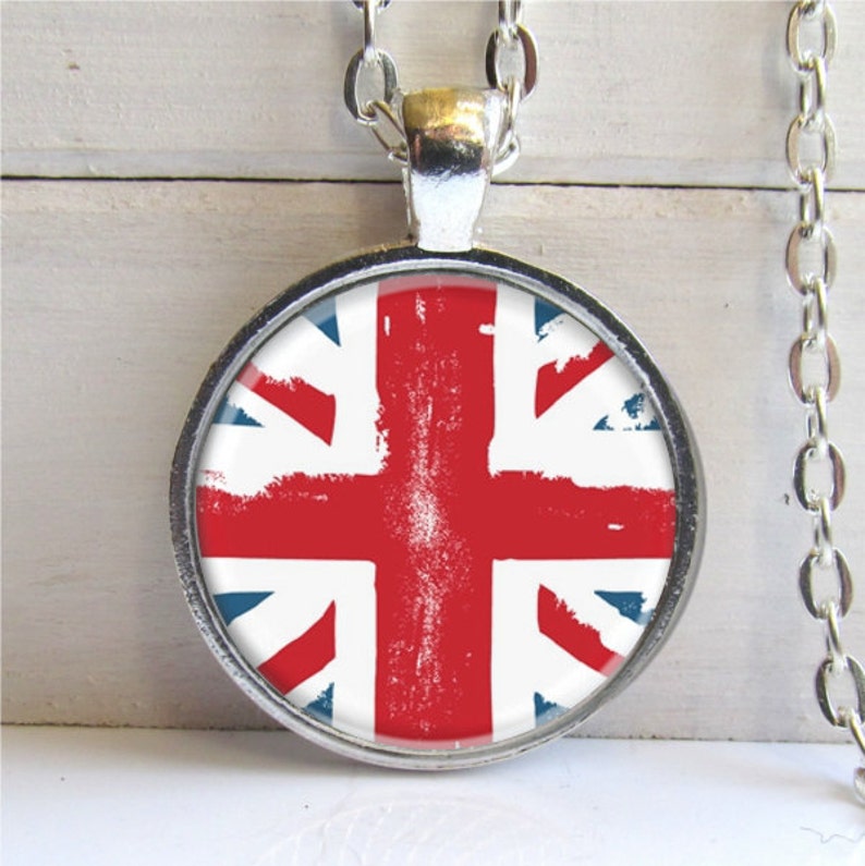 Union Jack Art Pendant, British Flag Pendant, Silver and Glass Cham Necklace image 1
