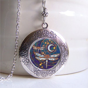 Photo Locket, Dragonfly Necklace, Dragonfly Art Locket, Silver Locket, Dragonfly Jewelry