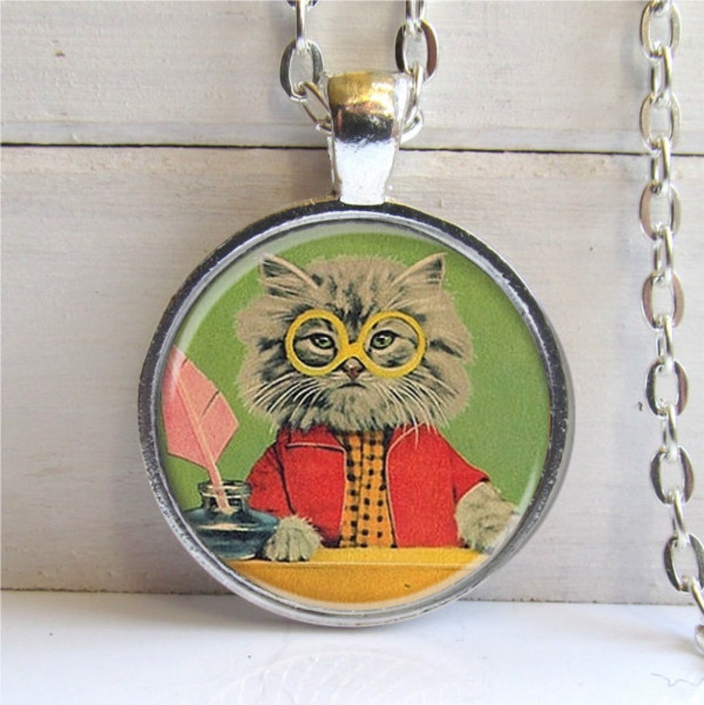 Cat Necklace, Smarty Cat, Hipster Jewelry, Cat Pendant image 1