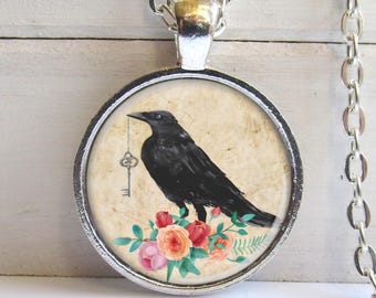 Raven Pendant, Raven With Key, Art Pendant, Raven Necklace, Crow Necklace, Bird Jewelry
