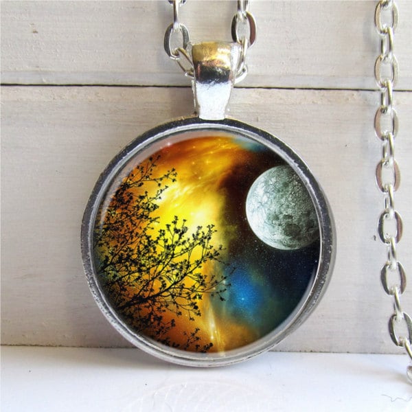 Tree Pendant, Art Pendant, Tree Necklace, Full Moon Tree Charm