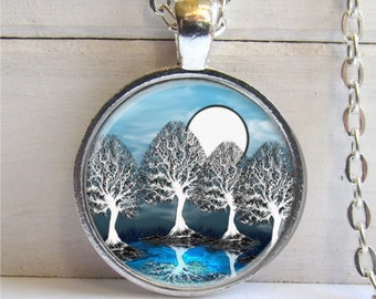 Blue Forest Tree Art Pendant , Silver And Glass Necklace, Tree Pendant