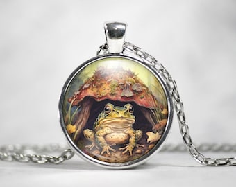 Frog Necklace, Frog With Toadstool Pendant, Charm For Frog Lovers