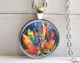 Colorful Witchy Vibe Necklace, Fantasy Crystal Art Pendant, Vibrant Jewelry