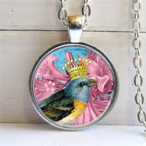 Bird Pendant, Whimsical Bird Necklace, Bird Crown, Silver Charm Necklace