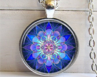 Mandala Pendant, Mandala Art Necklace Soothing Blue Mandala, Yoga Jewelry