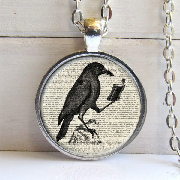 Raven Pendant, Raven With Book, Crow Necklace, Literary Jewelry