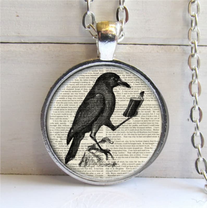 Raven Pendant, Raven With Book, Crow Necklace, Literary Jewelry image 1