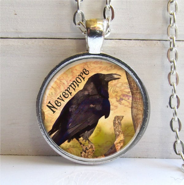Crescent Moon & Raven Pendant Necklace - 'Nevermore' Gothic Literary Jewelry, Alloy, Silver, 24 Inch Chain
