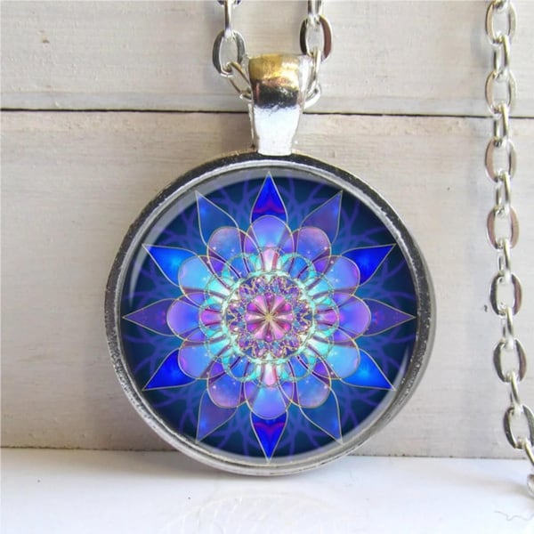 Mandala Pendant, Mandala Art Necklace Soothing Blue Mandala, Yoga Jewelry