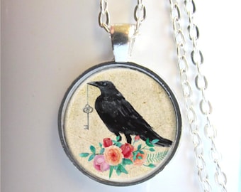 Raven Pendant, Raven With Key, Art Pendant, Raven Necklace, Crow Necklace, Bird Jewelry