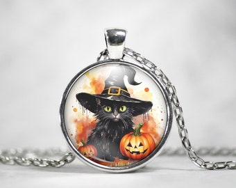 Cute Halloween Necklace, Black Cat With Pumpkins Pendant, Witchy Cat Jewelry