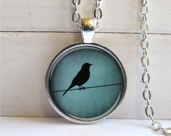 Bird On A Wire Necklace, Bird Pendant, Turquoise Blue Pendant, Bird Jewelry