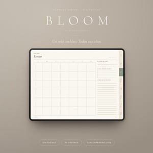 Puede incluir: Un planificador digital en la pantalla de una tableta con un diseño de calendario mensual para enero. La interfaz incluye una barra lateral con pestañas de navegación, una cuadrícula para fechas y secciones para objetivos y notas con el texto BLOOM.