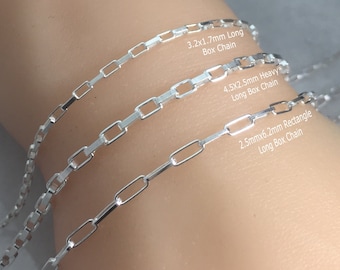 May include: Three silver box chains of different sizes and weights. The chains are labeled with their dimensions and descriptions: 3.2x1.7mm Long Box Chain, 4.5X2.5mm Heavy Long Box Chain, and 2.5mmx6.2mm Rectangle Long Box Chain.