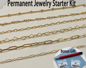 May include: A starter kit for permanent jewelry featuring six different gold chains, a bonus gift pen, and two packages of extra chain links. The chains include a delicate chain, a chain with small round beads, a chain with small rectangular links, a chain with heart-shaped links, a chain with larger rectangular links, and a chain with oval links.