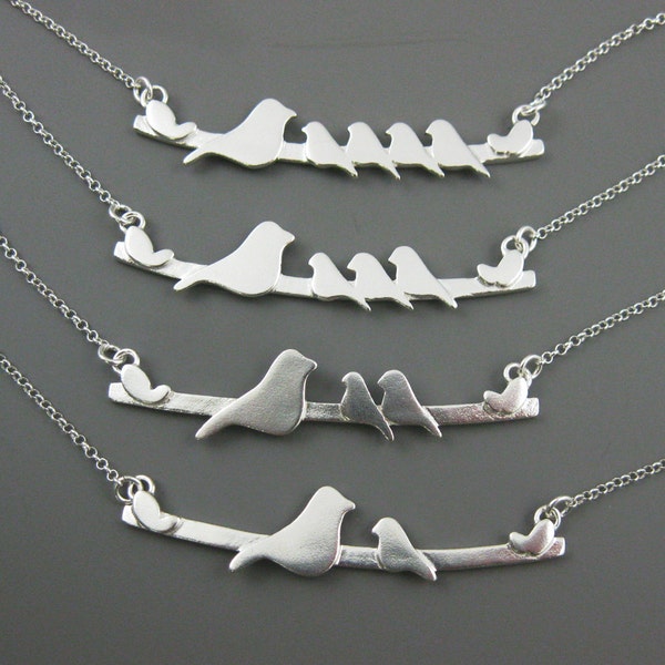 Sterling Silver Bird Necklace, Family Necklace,Family Birds Necklace, Mother Bird Necklace,Personalized Necklace-Mother Bird with Baby Birds