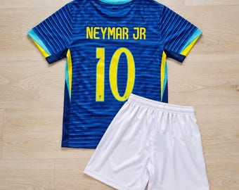 Neymar Jr Brazil Kids Soccer Set, Unbranded Blue Football Jersey & White Shorts, Number 10 Youth 2-Piece Football Uniform, Gift for Boys