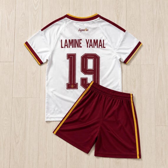 Lamine Yamal #19 Spain Away Kids Soccer Uniform Set, Non Branded Toddler Youth 2‑Piece Jersey Shorts Kit, Football Fan Gift For Boys