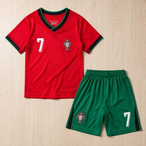 May include: A red V-neck jersey with black and green trim, featuring the number 7 and a crest on the chest. Paired with green shorts that have black side panels, the number 7, and a crest on the leg. The set is made of athletic fabric.