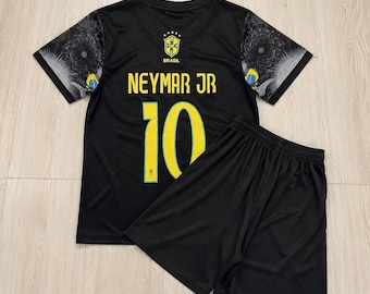 Neymar Jr Brazil Kids Soccer Jersey Set, Unbranded Black Football Shirt & Shorts, Number 10 Youth Soccer Outfit, Toddler Boys Gift