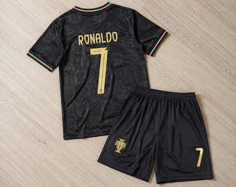 Kids Portugal #7 Soccer Jersey Set, Black 2-Piece Football Uniform, Youth Toddler Shorts Kit, Non-Branded Football Gift