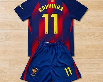 Raphinha Barcelona #11 Kids Soccer Jersey Set, Unbranded Youth Football Shirt & Shorts, Fan Gift for Boys