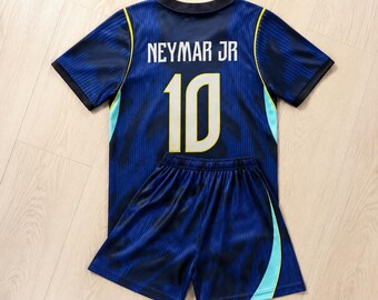 Neymar Jr Brazil Kids 2‑Piece Soccer Uniform Set, Unbranded Dark Blue Away Football Jersey & Shorts, Toddler Youth Football Gift For Boys