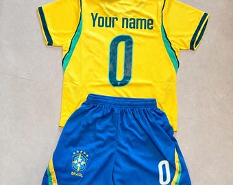 Brazil Kids Soccer Jersey Set, Neymar Jr #10 Custom Name Number, Non Branded Football Kit, 2 Piece Shirt Shorts, Fan Gift