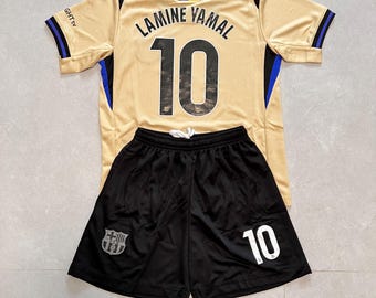 Lamine Yamal #10 Barcelona Soccer Jersey Set, Gold Football Shirt Black Shorts, Yamal 10 Fan Kit, 2 Piece Football Outfit