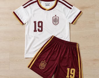 Lamine Yamal #19 Spain Away Kids Soccer Jersey, Custom Name Number, Non Branded Toddler Youth 2-Piece Football Kit, Boys Gift
