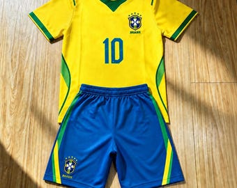 Brazil Kids Soccer Jersey Set, Neymar Jr #10 Non Branded Yellow Toddler Youth Football Kit, 2 Piece Shirt Shorts Outfit, Fan Gift