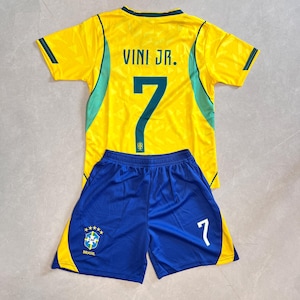 Vini Jr. Brasilien #7 Barnställ, Omärkt Fotbollströja, Ungdomströja och Shorts, Fotbollsfanpresent till Pojkar