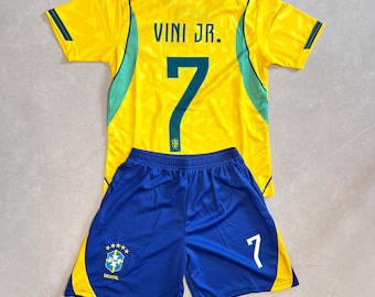 Vini Jr. Brazil #7 Kids Kit,  Unbranded Soccer Jersey Set, Youth Football Shirt & Shorts, Soccer Fan Gift for Boys