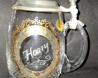 Vintage beer stein, genuine crystal, with pewter lid – Unused with tag – Hand-engraved "Harry" & gold decoration – Collector's item 70s/80s