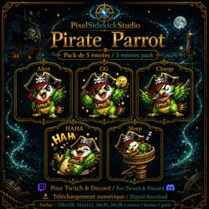 Puede incluir: Un paquete digital de cinco emoticonos de loro pirata con un pájaro verde y un sombrero de calavera. Las expresiones incluyen Alert, GG, Charge, HAHA y Sleep. El texto incluye PixelSidekickStudio, Pirate Parrot y LPNJF.