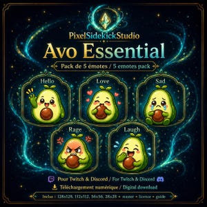 May include: A digital pack of five avocado emotes titled Avo Essential by PixelSidekickStudio. The set includes Hello, Love, Sad, Rage, and Laugh expressions, each featuring a green avocado character with a brown pit, set against a dark background.