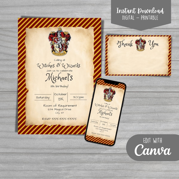 Hogwarts-Harry Potter-Gryffindor-Birthday Invitation-Instant Download